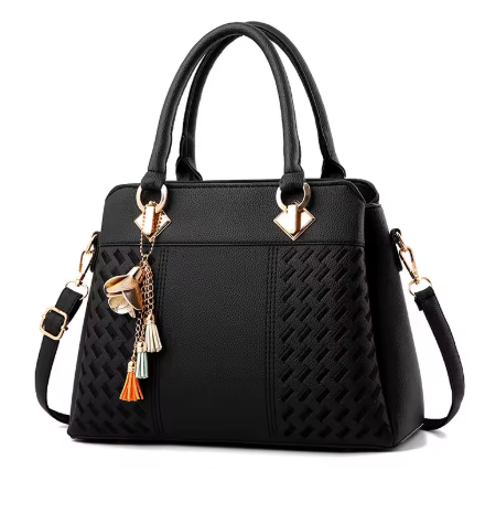 Monograma | Bolso Satchel Negro con Textura Geométrica y Detalles Dorados
