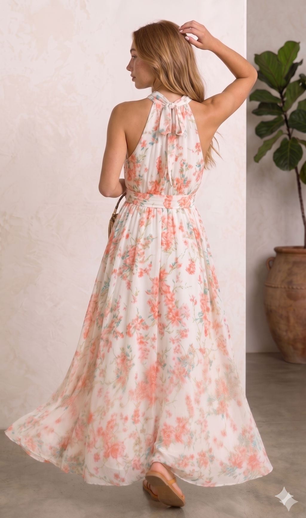 Vestido Maxi Floral con Cuello Halter: Romance y Movimiento