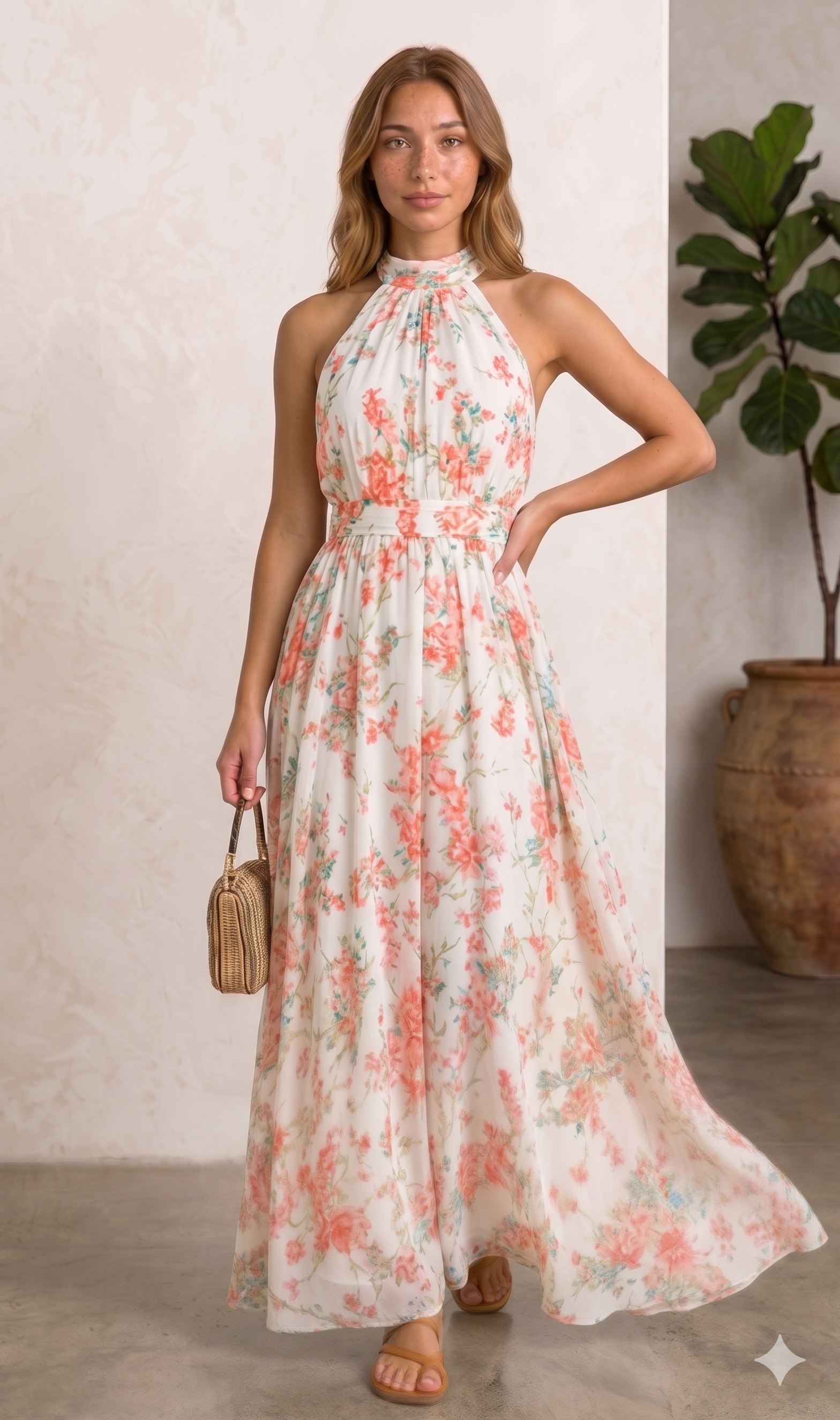 Vestido Maxi Floral con Cuello Halter: Romance y Movimiento
