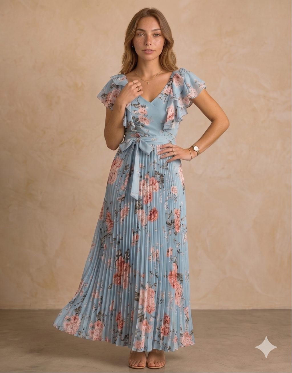 Vestido Maxi de Fiesta con Estampado Floral y Falda Plisada