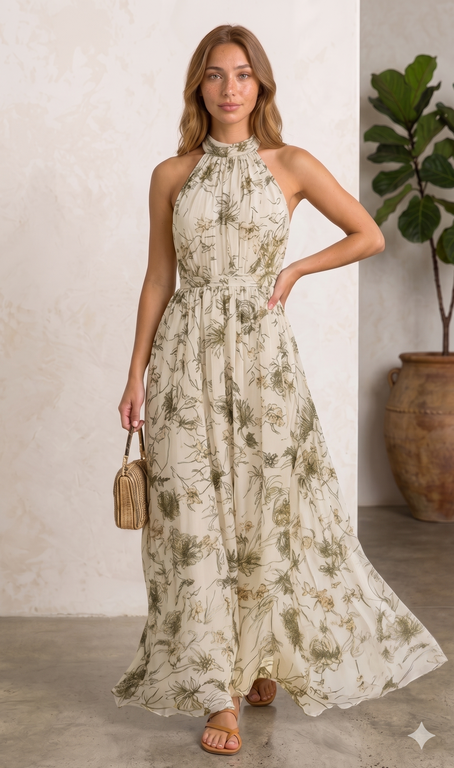 Vestido Maxi Floral con Cuello Halter: Romance y Movimiento