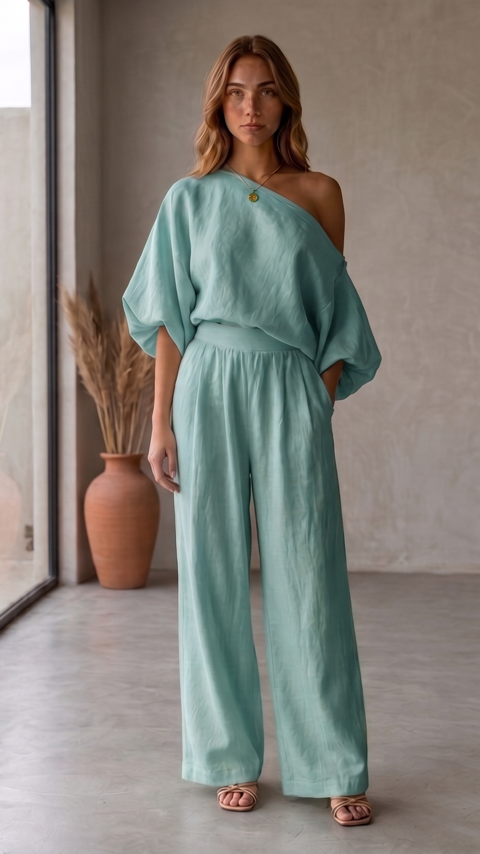 Lola | Top holgado con hombros al aire y pantalones ajustados