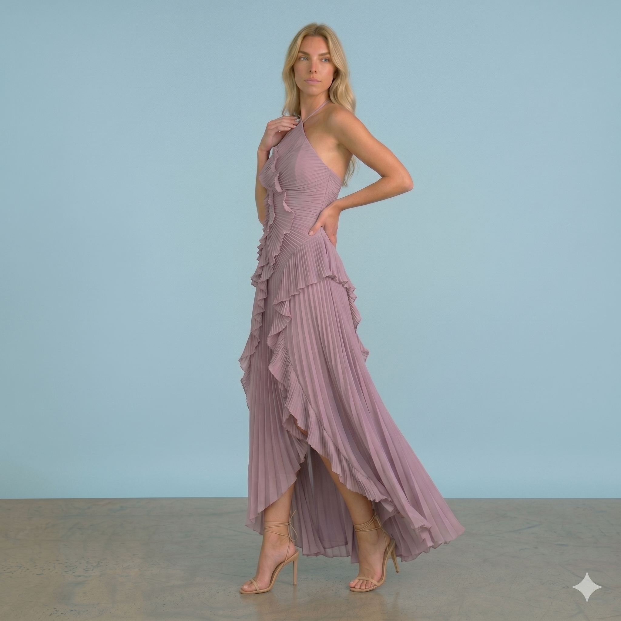 Elegance | Vestido Halter con Volantes y Falda Plisada
