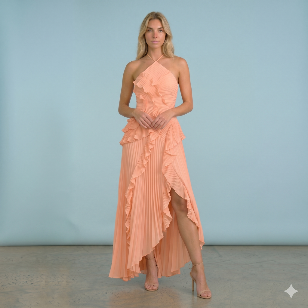 Elegance | Vestido Halter con Volantes y Falda Plisada