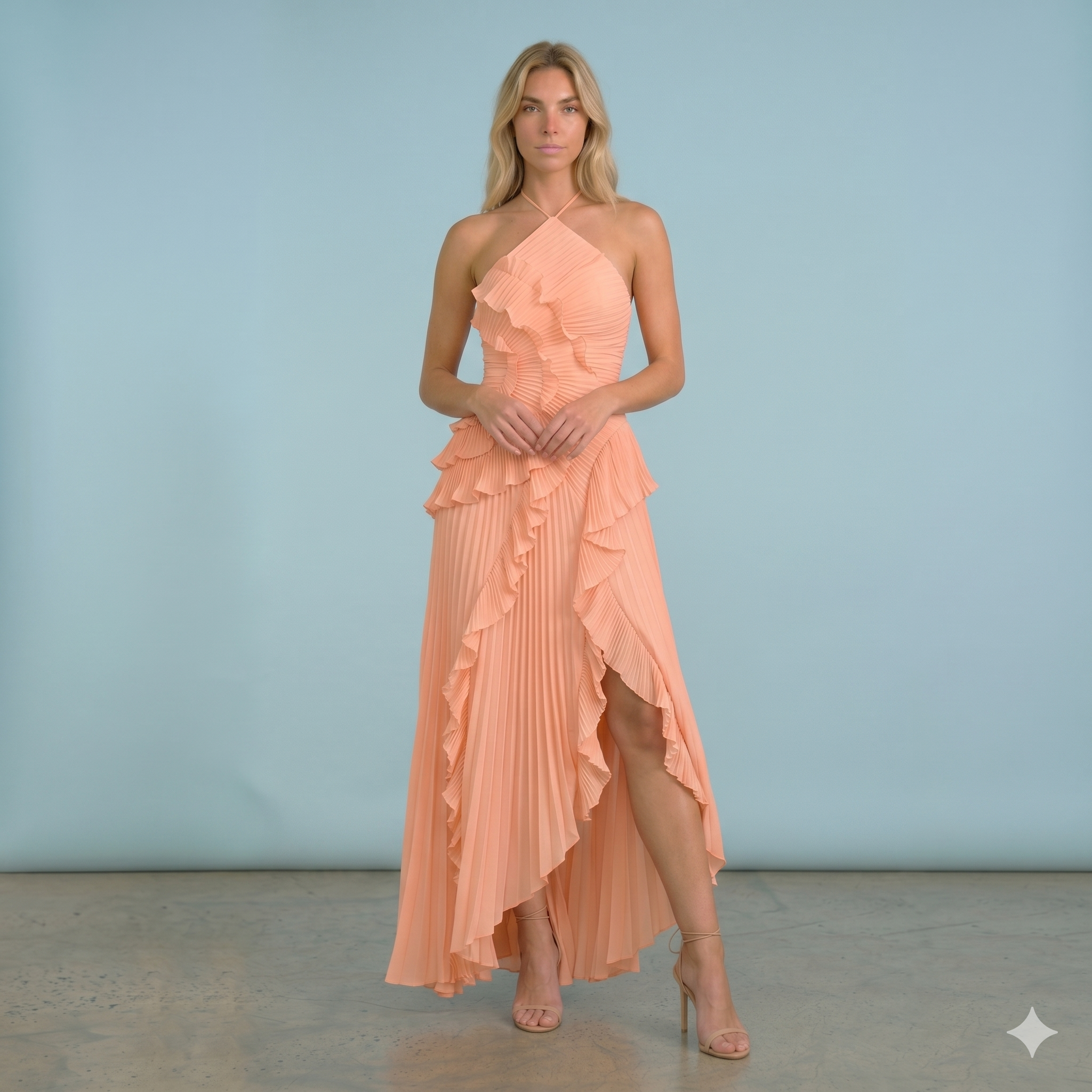 Elegance | Vestido Halter con Volantes y Falda Plisada