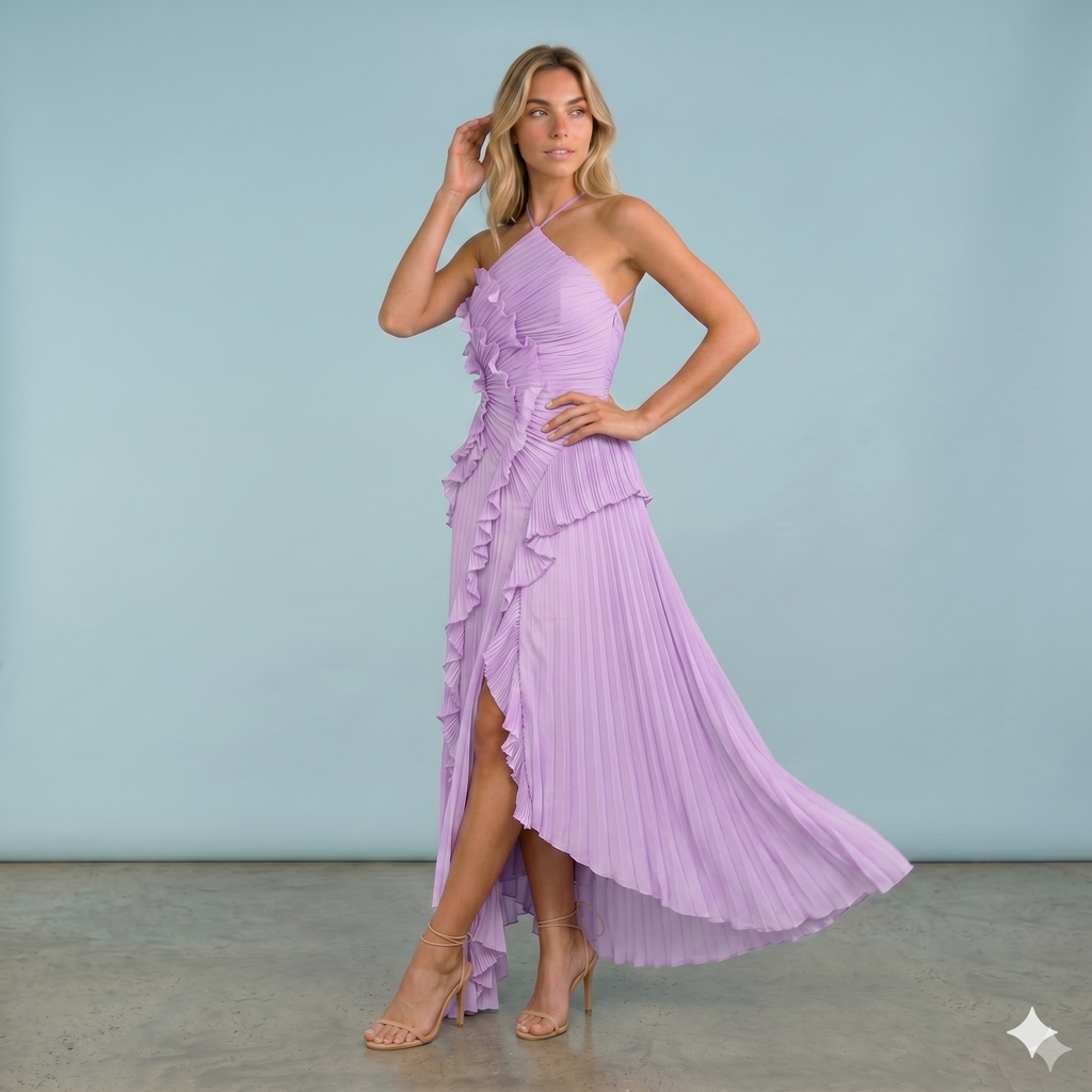 Elegance | Vestido Halter con Volantes y Falda Plisada