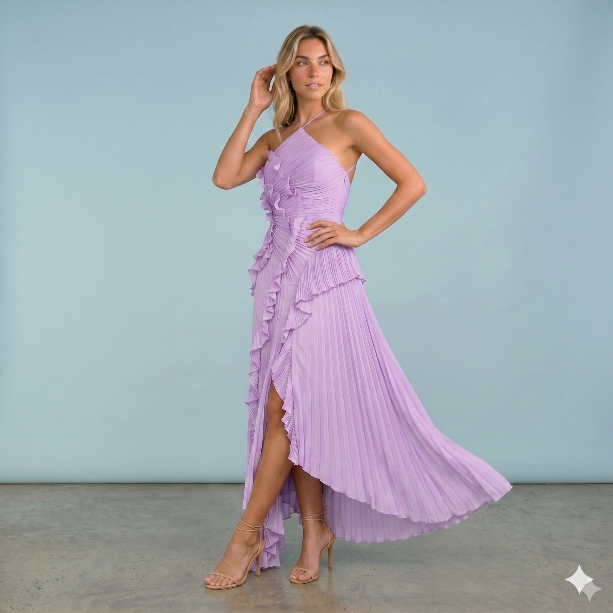 Elegance | Vestido Halter con Volantes y Falda Plisada