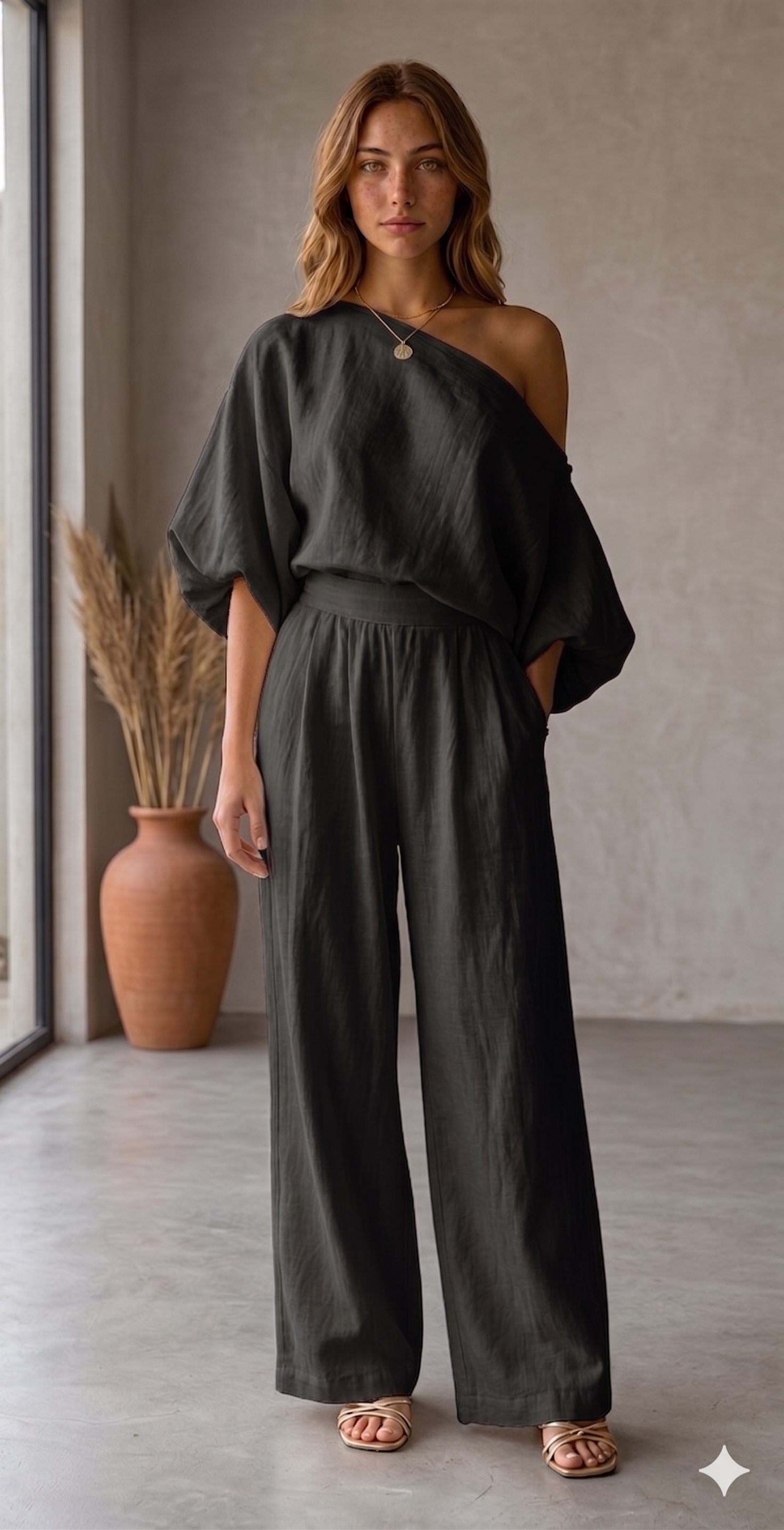 Lola | Top holgado con hombros al aire y pantalones ajustados