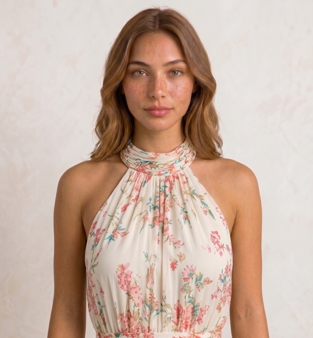 Vestido Maxi Floral con Cuello Halter: Romance y Movimiento