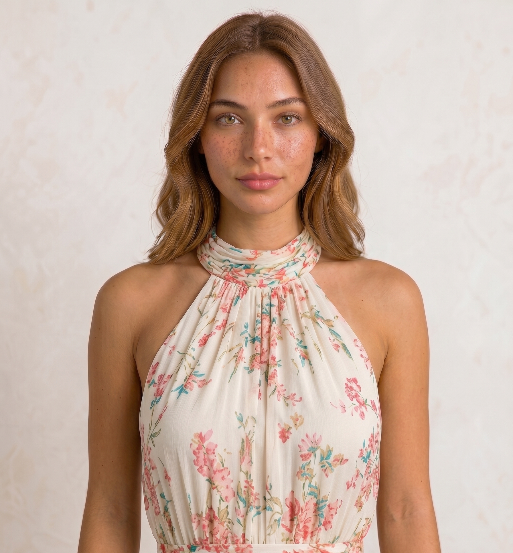 Vestido Maxi Floral con Cuello Halter: Romance y Movimiento