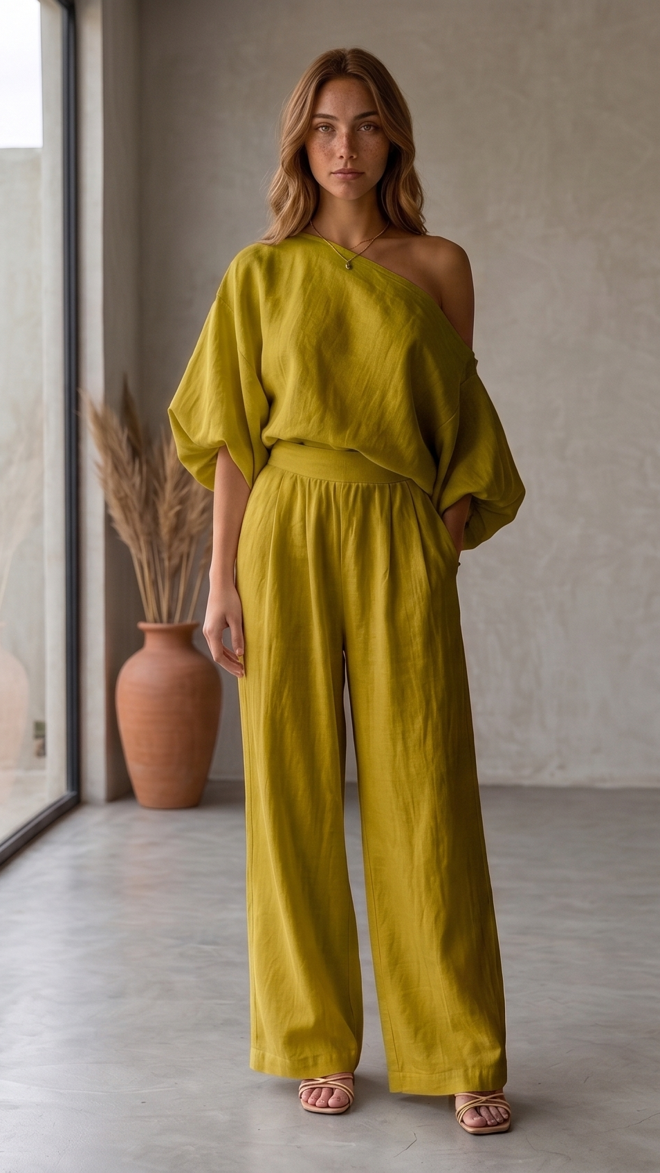 Lola | Top holgado con hombros al aire y pantalones ajustados