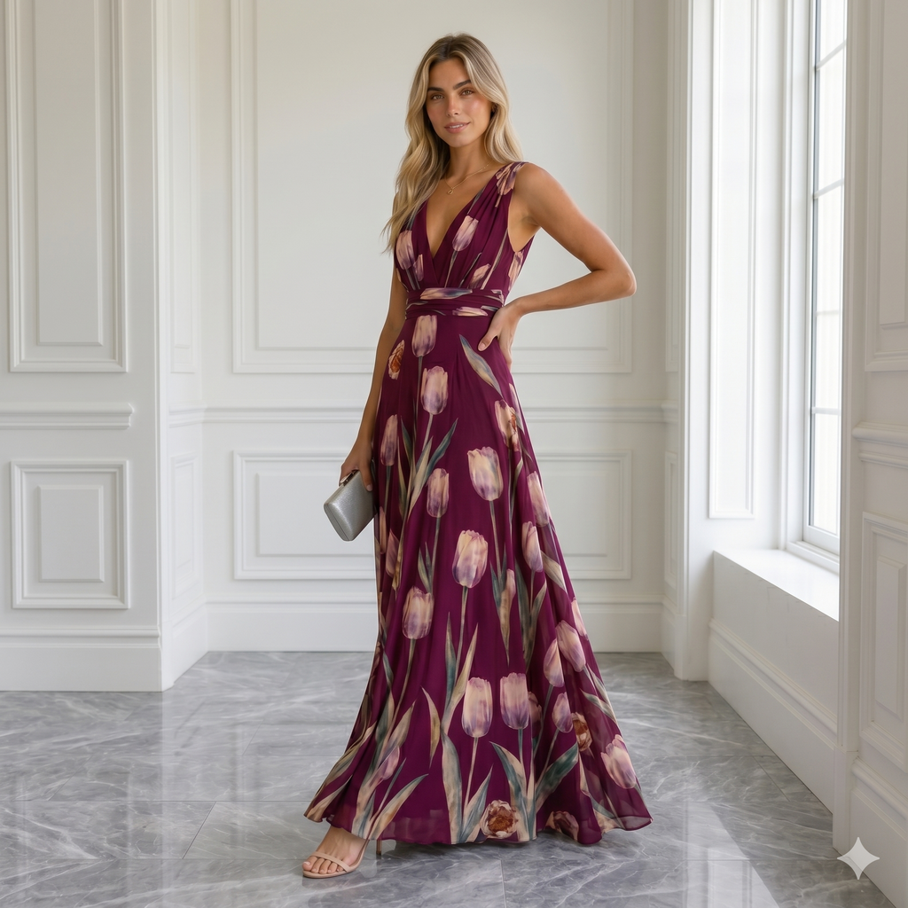 Vestido Maxi Elegante "Jardín de Tulipanes" Cuello en V