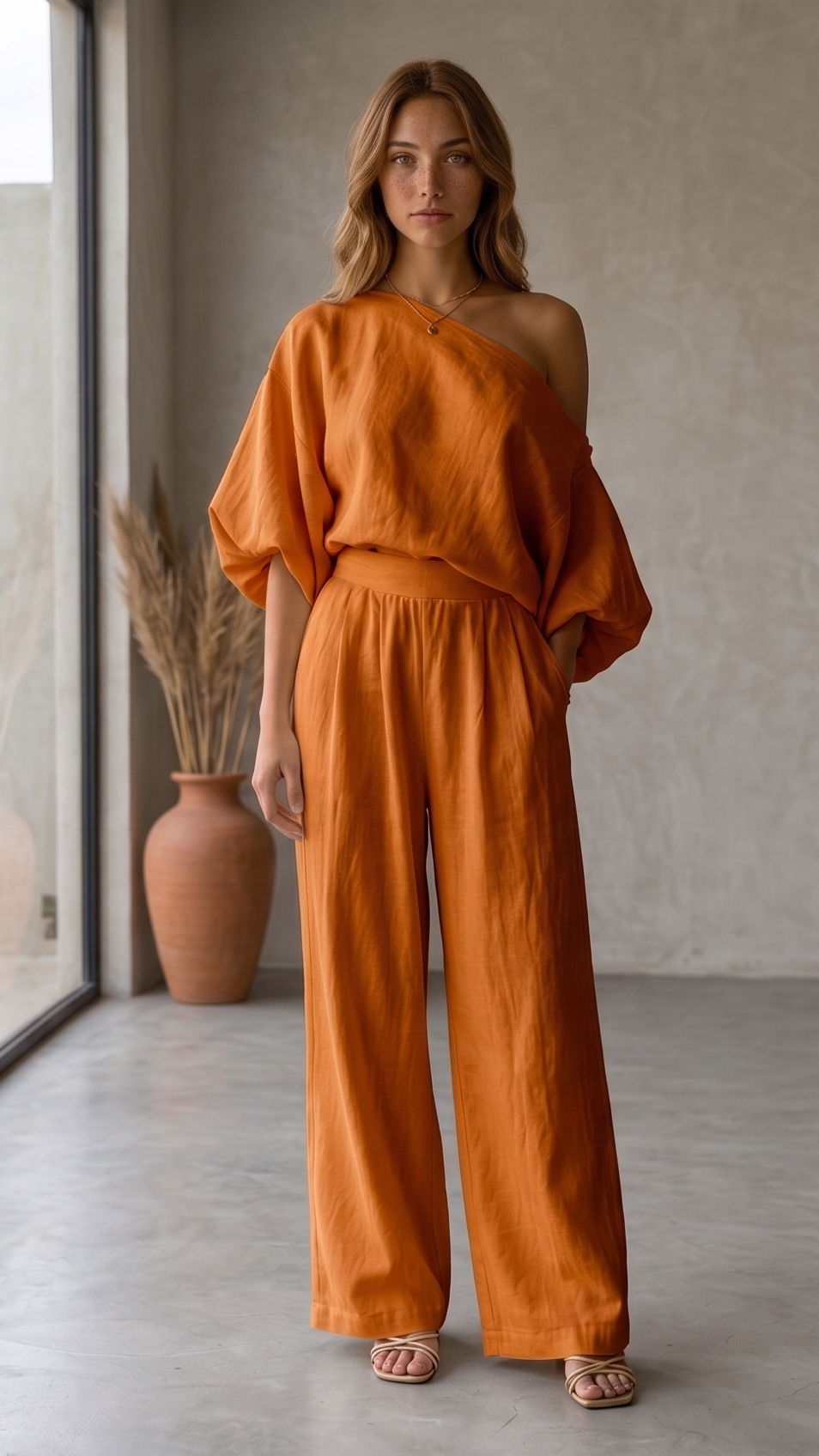 Lola | Top holgado con hombros al aire y pantalones ajustados