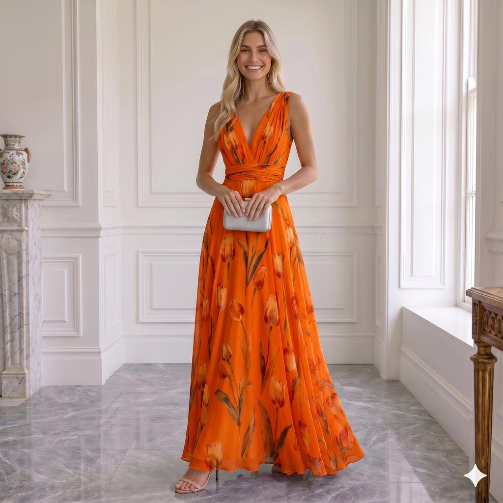 Vestido Maxi Elegante "Jardín de Tulipanes" Cuello en V