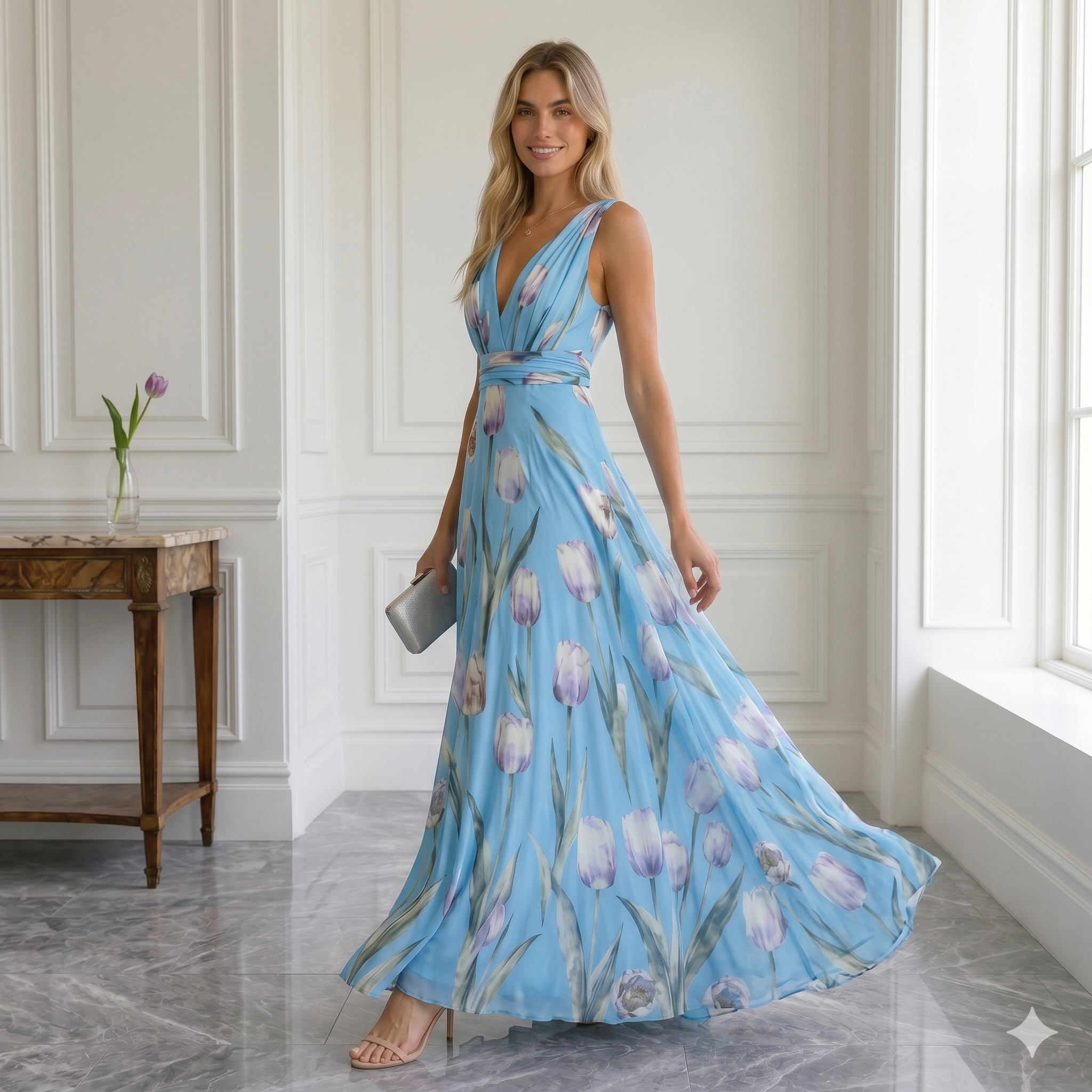 Vestido Maxi Elegante "Jardín de Tulipanes" Cuello en V