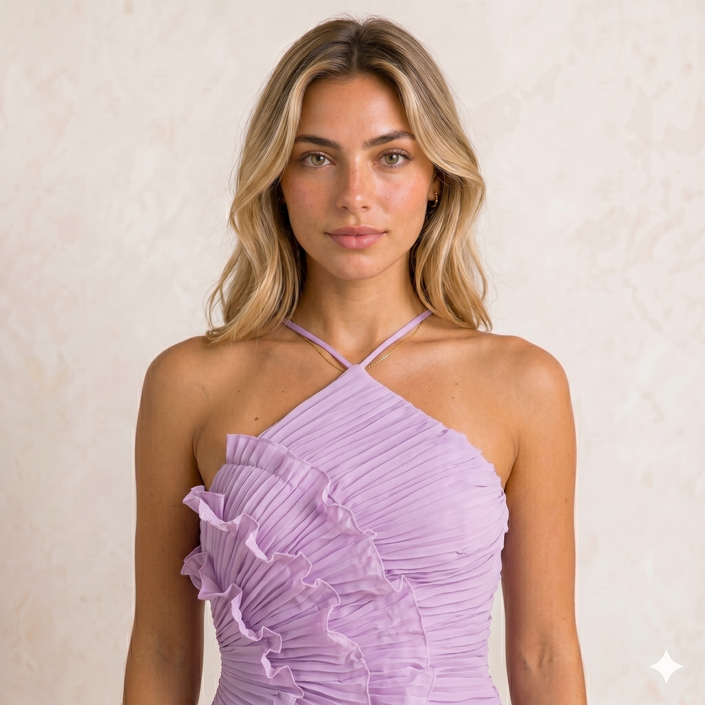 Elegance | Vestido Halter con Volantes y Falda Plisada