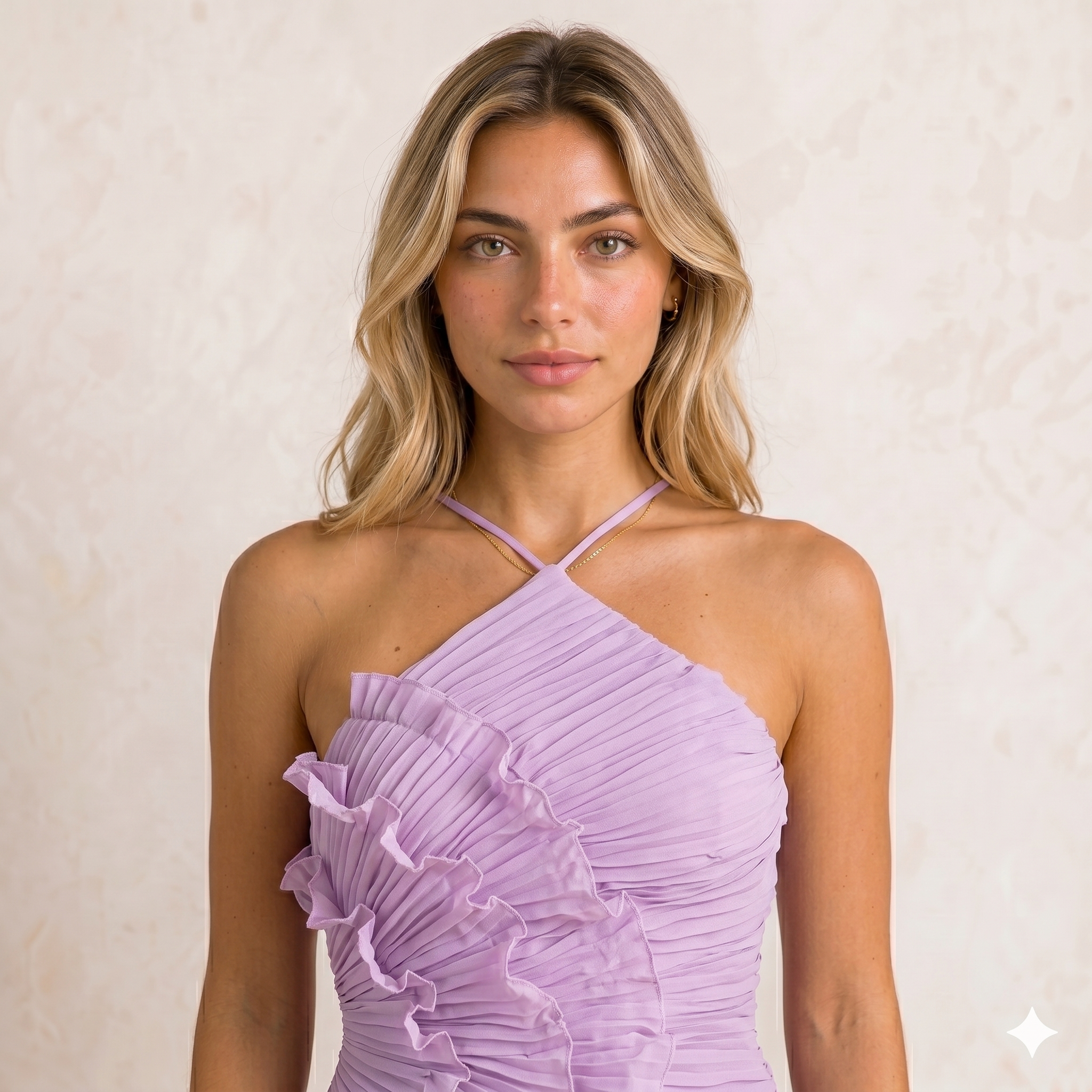 Elegance | Vestido Halter con Volantes y Falda Plisada