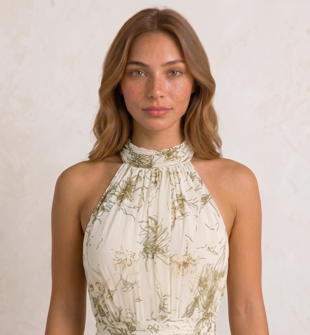 Vestido Maxi Floral con Cuello Halter: Romance y Movimiento
