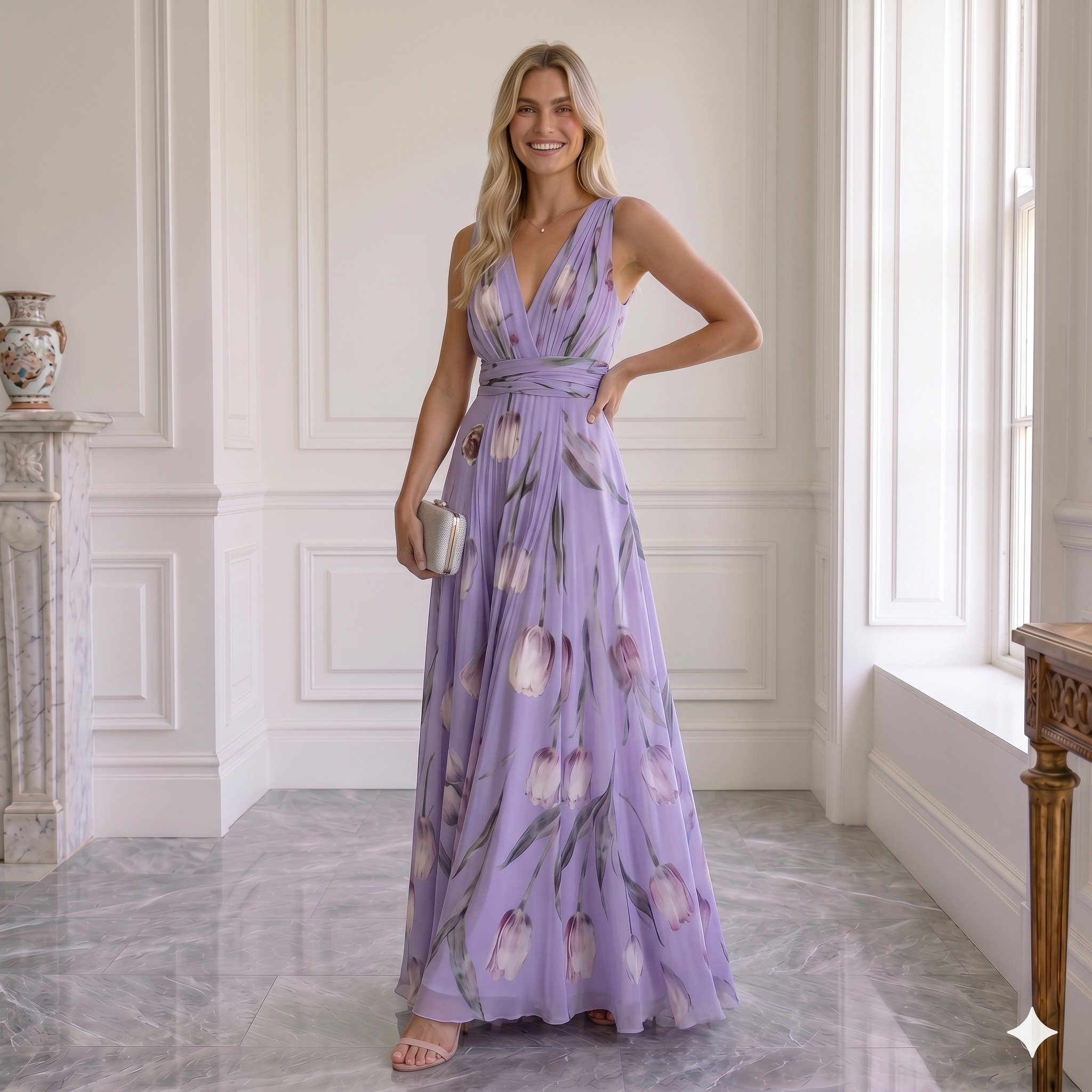 Vestido Maxi Elegante "Jardín de Tulipanes" Cuello en V