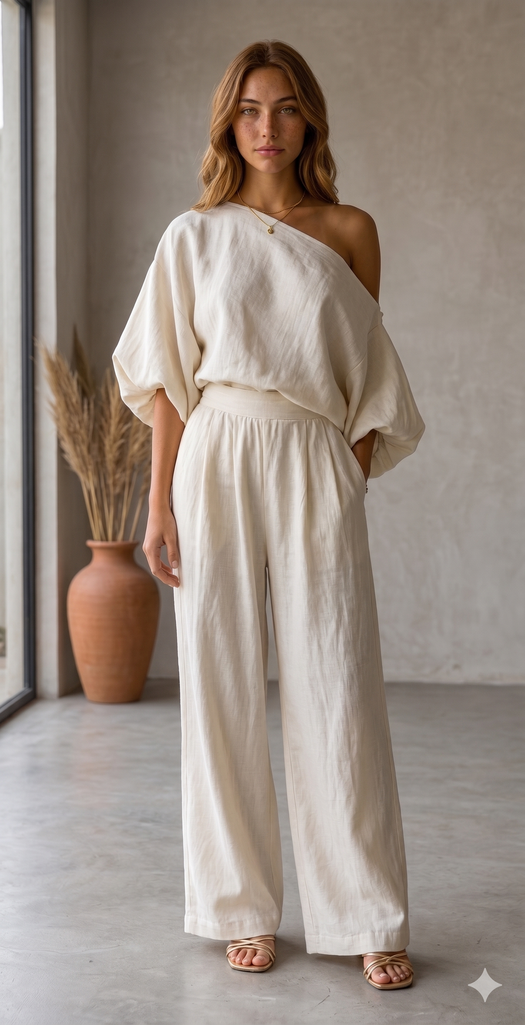Lola | Top holgado con hombros al aire y pantalones ajustados