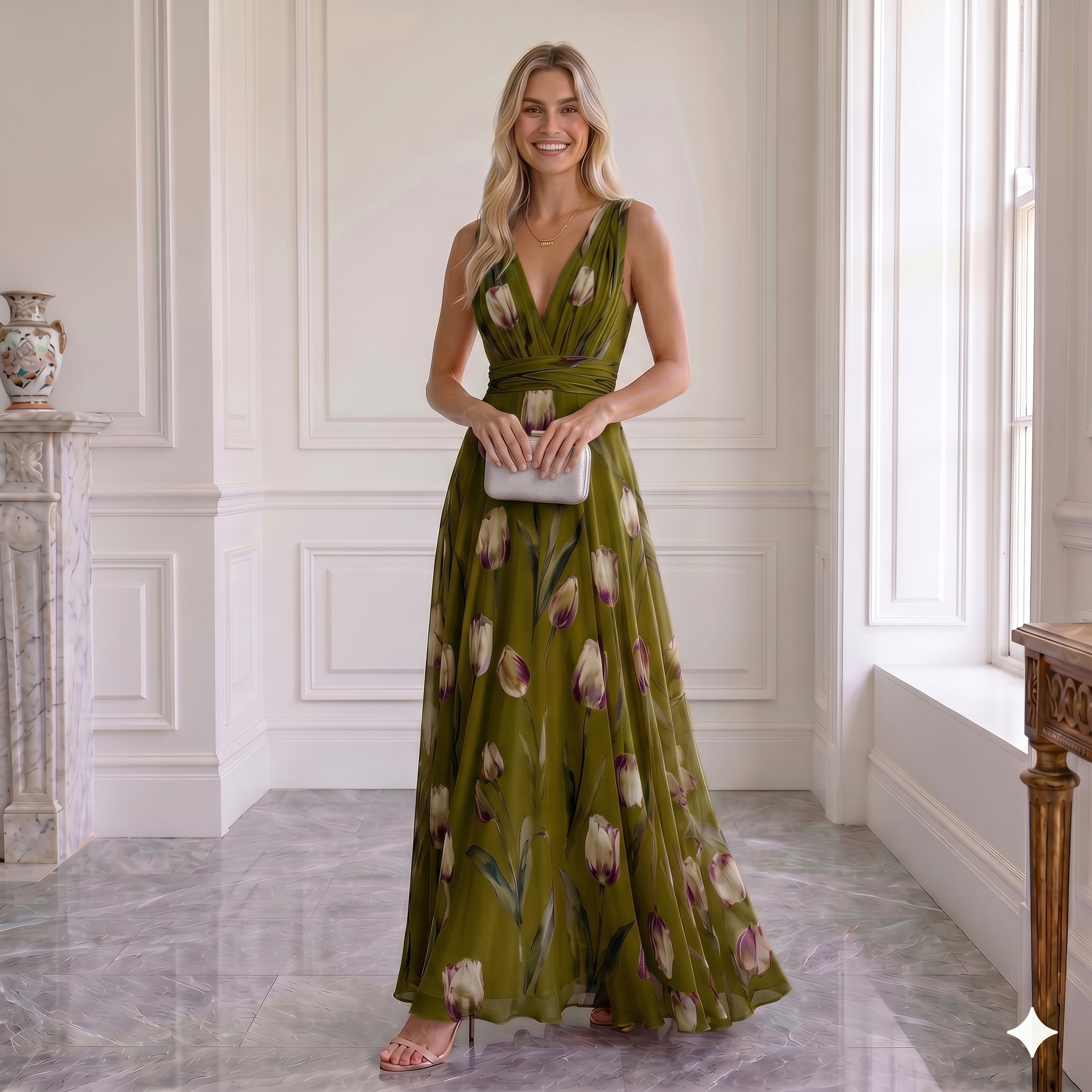 Vestido Maxi Elegante "Jardín de Tulipanes" Cuello en V