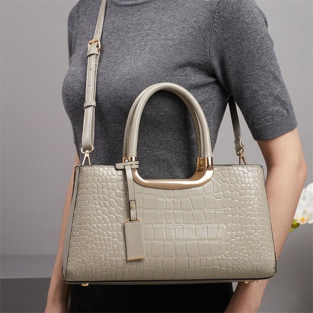 La Vendomia | Bolso tote clásico efecto cocodrilo con doble asa y detalles dorados.
